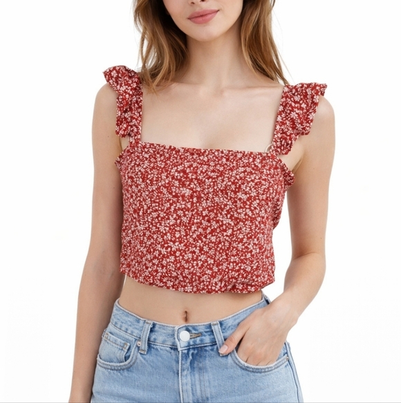 Aakaa Tops - 4x$25 Aakaa red floral  summer smocked ruffle straps top size Medium